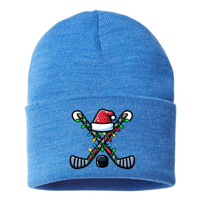 Hockey Santa Hat Christmas Lights For Hockey Fans Players Gift Sustainable Knit Beanie