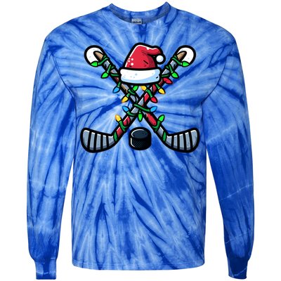 Hockey Santa Hat Christmas Lights For Hockey Fans Players Gift Tie-Dye Long Sleeve Shirt