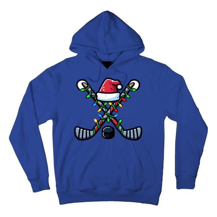 Hockey Santa Hat Christmas Lights For Hockey Fans Players Gift Tall Hoodie