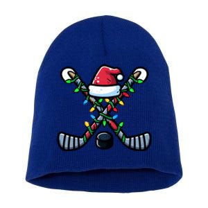 Hockey Santa Hat Christmas Lights For Hockey Fans Players Gift Short Acrylic Beanie