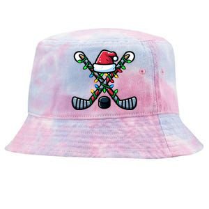 Hockey Santa Hat Christmas Lights For Hockey Fans Players Gift Tie-Dyed Bucket Hat