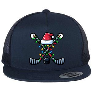 Hockey Santa Hat Christmas Lights For Hockey Fans Players Gift Flat Bill Trucker Hat