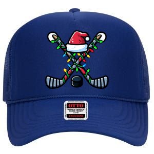 Hockey Santa Hat Christmas Lights For Hockey Fans Players Gift High Crown Mesh Back Trucker Hat