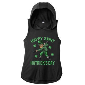 Happy Saint Hatricks Day St Patrick's Day Hockey Leprechaun Ladies PosiCharge Tri-Blend Wicking Draft Hoodie Tank