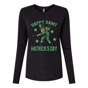 Happy Saint Hatricks Day St Patrick's Day Hockey Leprechaun Womens Cotton Relaxed Long Sleeve T-Shirt