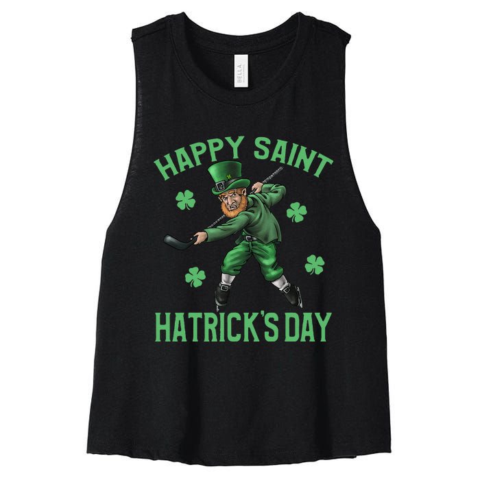 Happy Saint Hatricks Day St Patrick's Day Hockey Leprechaun Women's Racerback Cropped Tank