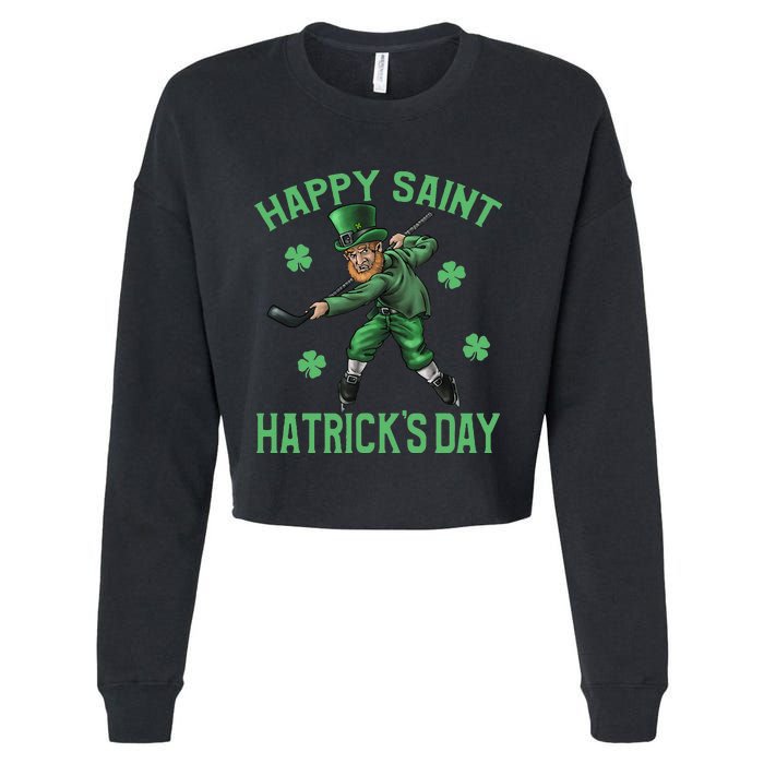 Happy Saint Hatricks Day St Patrick's Day Hockey Leprechaun Cropped Pullover Crew