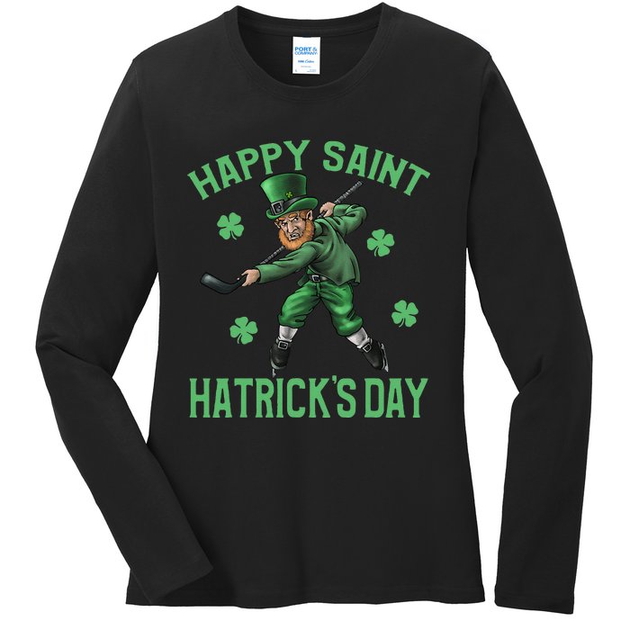 Happy Saint Hatricks Day St Patrick's Day Hockey Leprechaun Ladies Long Sleeve Shirt