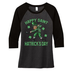 Happy Saint Hatricks Day St Patrick's Day Hockey Leprechaun Women's Tri-Blend 3/4-Sleeve Raglan Shirt