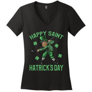 Happy Saint Hatricks Day St Patrick's Day Hockey Leprechaun Women's V-Neck T-Shirt