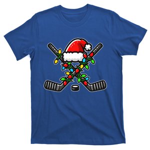 Hockey Santa Hat Christmas Lights Funny Sports Lovers Player Gift T-Shirt