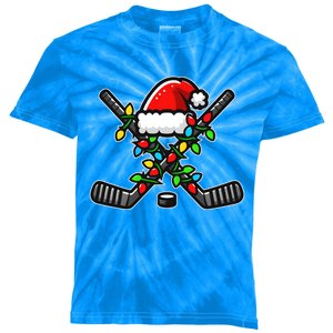 Hockey Santa Hat Christmas Lights Funny Sports Lovers Player Gift Kids Tie-Dye T-Shirt