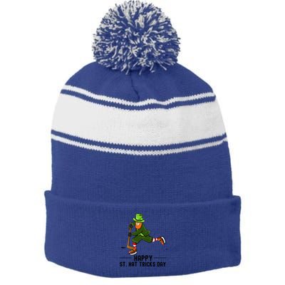 Happy St Hat Tricks Day Leprechaun Hockey Player Gift Stripe Pom Pom Beanie