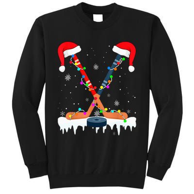 Hockey Santa Hat Christmas Lights Funny Sport  Xmas PJs Sweatshirt