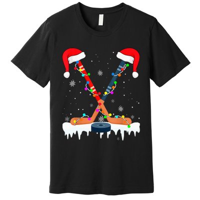 Hockey Santa Hat Christmas Lights Funny Sport  Xmas PJs Premium T-Shirt