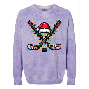 Hockey Santa Hat With Xmas Lights Funny Christmas Pajama Gift Colorblast Crewneck Sweatshirt