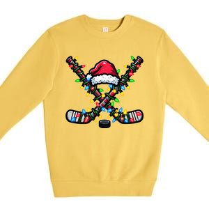 Hockey Santa Hat With Xmas Lights Funny Christmas Pajama Gift Premium Crewneck Sweatshirt