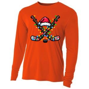 Hockey Santa Hat With Xmas Lights Funny Christmas Pajama Gift Cooling Performance Long Sleeve Crew