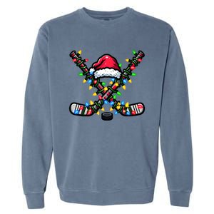 Hockey Santa Hat With Xmas Lights Funny Christmas Pajama Gift Garment-Dyed Sweatshirt