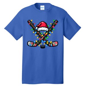 Hockey Santa Hat With Xmas Lights Funny Christmas Pajama Gift Tall T-Shirt