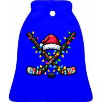 Hockey Santa Hat With Xmas Lights Funny Christmas Pajama Gift Ceramic Bell Ornament