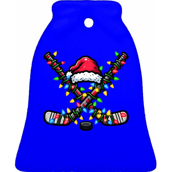 Hockey Santa Hat With Xmas Lights Funny Christmas Pajama Gift Ceramic Bell Ornament