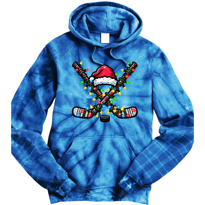 Hockey Santa Hat With Xmas Lights Funny Christmas Pajama Gift Tie Dye Hoodie