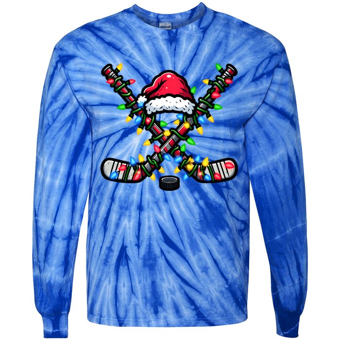 Hockey Santa Hat With Xmas Lights Funny Christmas Pajama Gift Tie-Dye Long Sleeve Shirt