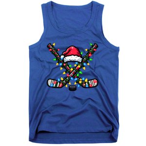 Hockey Santa Hat With Xmas Lights Funny Christmas Pajama Gift Tank Top