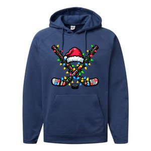 Hockey Santa Hat With Xmas Lights Funny Christmas Pajama Gift Performance Fleece Hoodie