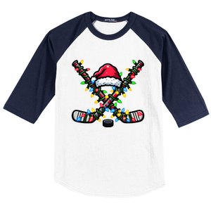 Hockey Santa Hat With Xmas Lights Funny Christmas Pajama Gift Baseball Sleeve Shirt