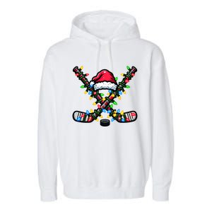 Hockey Santa Hat With Xmas Lights Funny Christmas Pajama Gift Garment-Dyed Fleece Hoodie