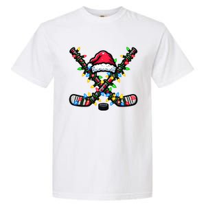 Hockey Santa Hat With Xmas Lights Funny Christmas Pajama Gift Garment-Dyed Heavyweight T-Shirt