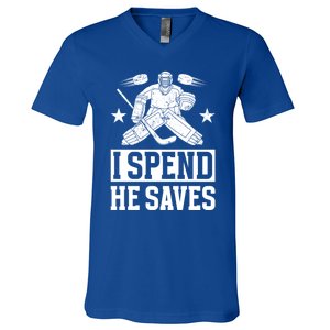 He Saves Hockey Goalkeeper Mom Of An Ice Hockey Goalie Mama Gift V-Neck T-Shirt