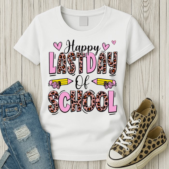 Hello Summer Happy Last Day Of School Leopard Womens T-Shirt