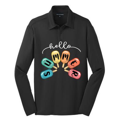 Hello Summer Ice Cream Popsicle Lovers Summer Silk Touch Performance Long Sleeve Polo