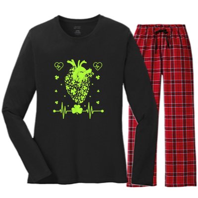 Heartbeat Shamrock Irish Lucky Clover St Patricks Day Gifts Women's Long Sleeve Flannel Pajama Set 