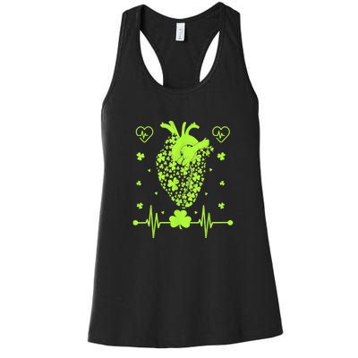 Heartbeat Shamrock Irish Lucky Clover St Patricks Day Gifts Women's Racerback Tank