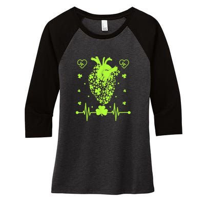 Heartbeat Shamrock Irish Lucky Clover St Patricks Day Gifts Women's Tri-Blend 3/4-Sleeve Raglan Shirt