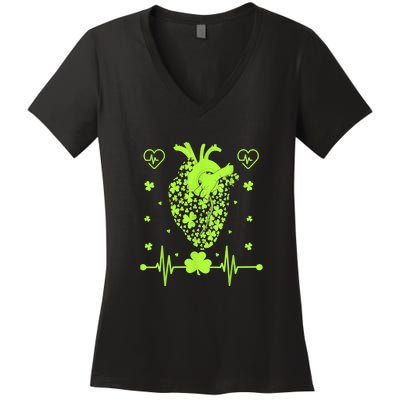 Heartbeat Shamrock Irish Lucky Clover St Patricks Day Gifts Women's V-Neck T-Shirt