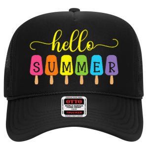 Hello Summer Ice Cream Top Popsicle Ice Lolly Hello Summer High Crown Mesh Back Trucker Hat