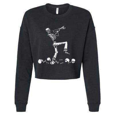 Halloween Skeleton Jazz Musician Playing Trumpet Cropped Pullover Crew