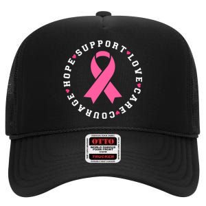 Hope Support Love Family Breast Cancer Survivor Pink Ribbon High Crown Mesh Back Trucker Hat