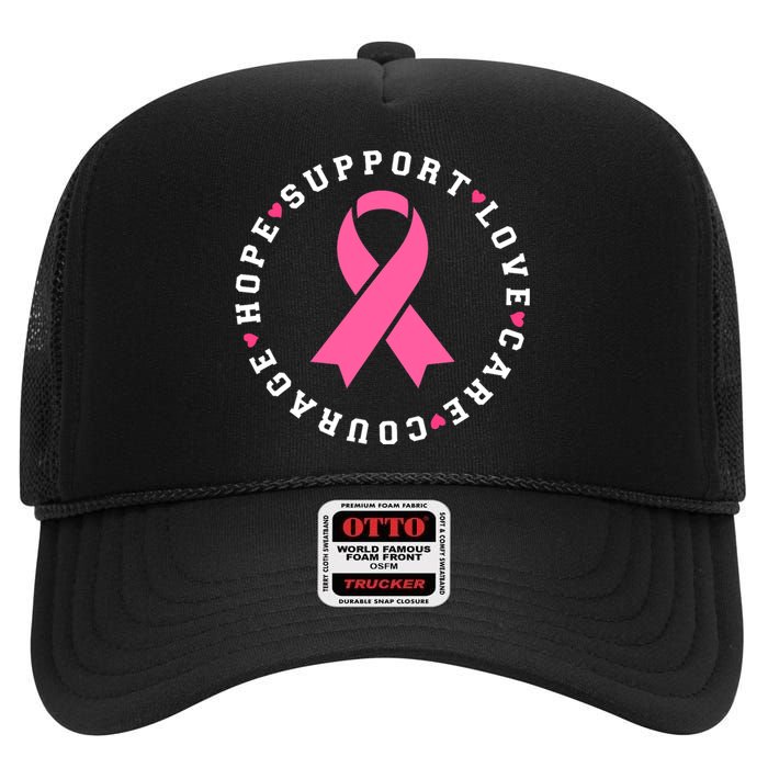 Hope Support Love Family Breast Cancer Survivor Pink Ribbon High Crown Mesh Back Trucker Hat