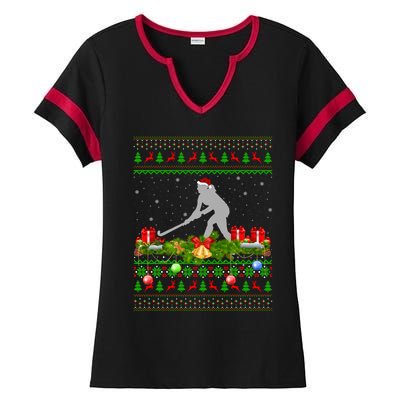 Hockey Sports Lover Xmas Santa Ugly Field Hockey Christmas Funny Gift Ladies Halftime Notch Neck Tee