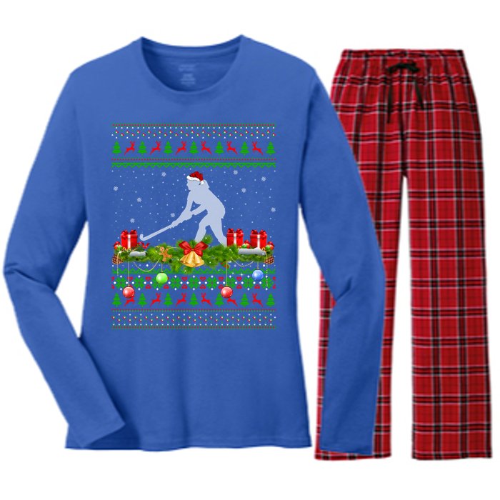 Hockey Sports Lover Xmas Santa Ugly Field Hockey Christmas Funny Gift Women's Long Sleeve Flannel Pajama Set 