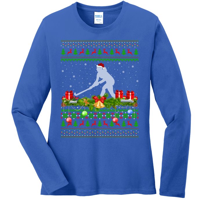 Hockey Sports Lover Xmas Santa Ugly Field Hockey Christmas Funny Gift Ladies Long Sleeve Shirt