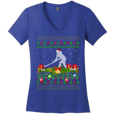 Hockey Sports Lover Xmas Santa Ugly Field Hockey Christmas Funny Gift Women's V-Neck T-Shirt