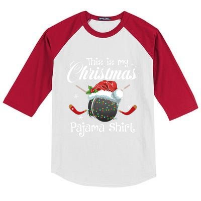 Hockey Santa Lights Funny This Is My Christmas Pajama Sport Cool Gift Kids Colorblock Raglan Jersey