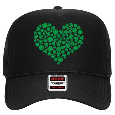 Heart Shamrock Lucky St Patricks Day Women High Crown Mesh Back Trucker Hat